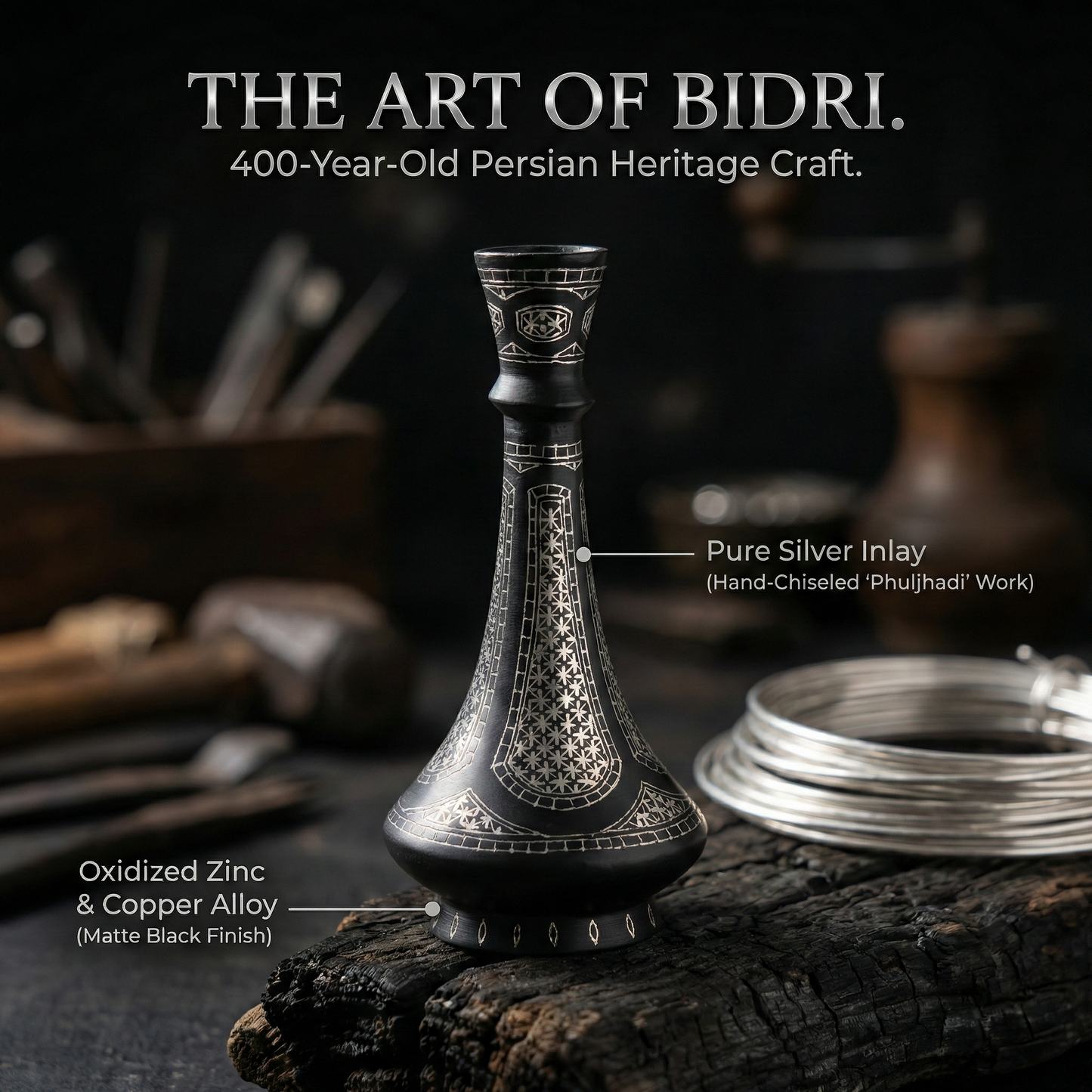 Handcrafted Bidri Shehnai Vase with Real Silver Phuljhadi Inlay | 6 Inch Traditional Indian Home Décor | Premium Handmade Metal Flower Vase for Gifting