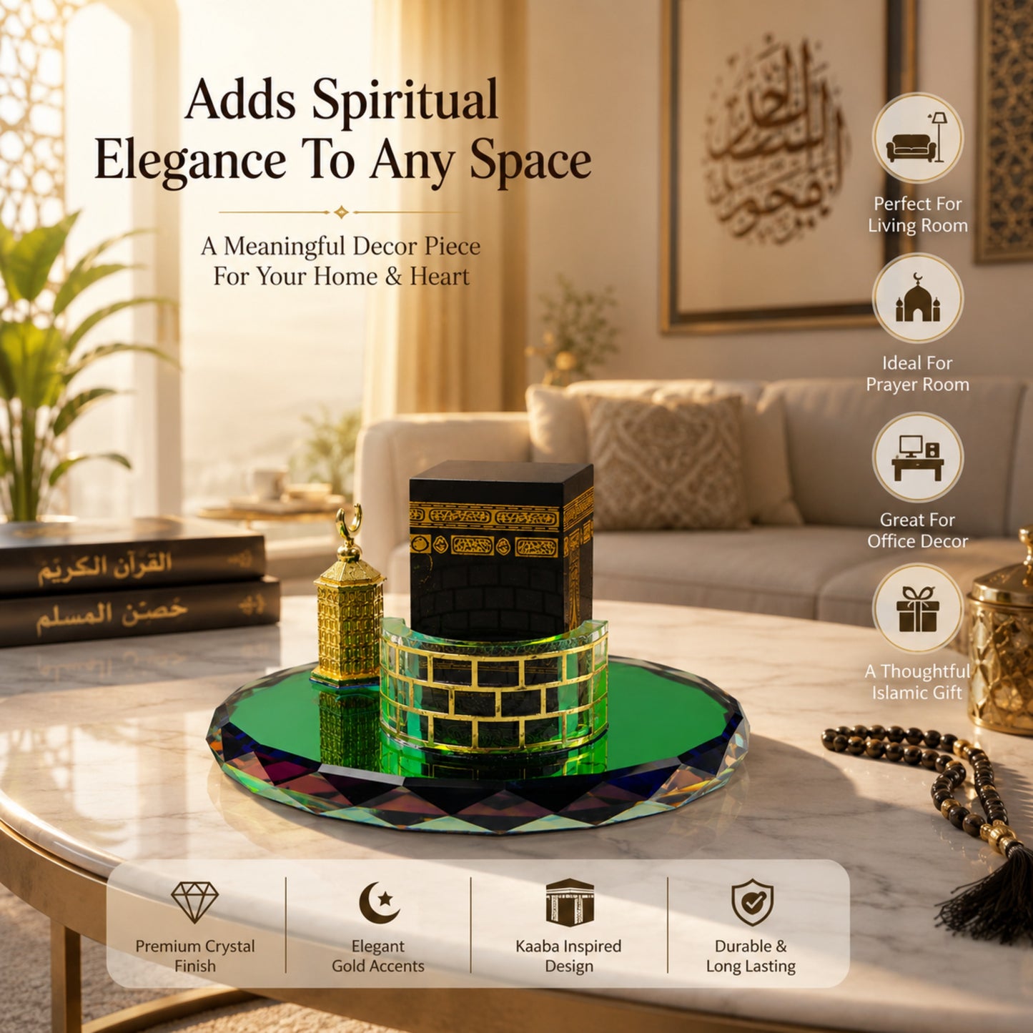 Luxury Crystal Kaaba Decor Islamic Gift Showpiece with Gold Detailing & Reflective Crystal Base for Ramadan Eid Home Decoration – 4 x 2 x 4 Inch