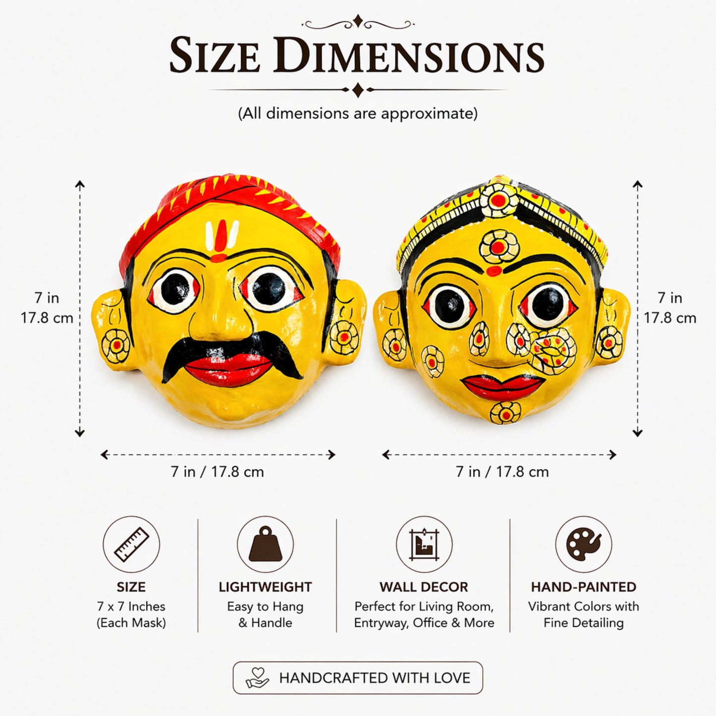 Cheriyal Mask Wall Decor Set Yellow(Male & Female) – Handcrafted & Hand-Painted Indian Folk Art – Traditional Telangana Hanging Wall Art for Living Room, Home Décor & Gifting (7x7 Inch Each)