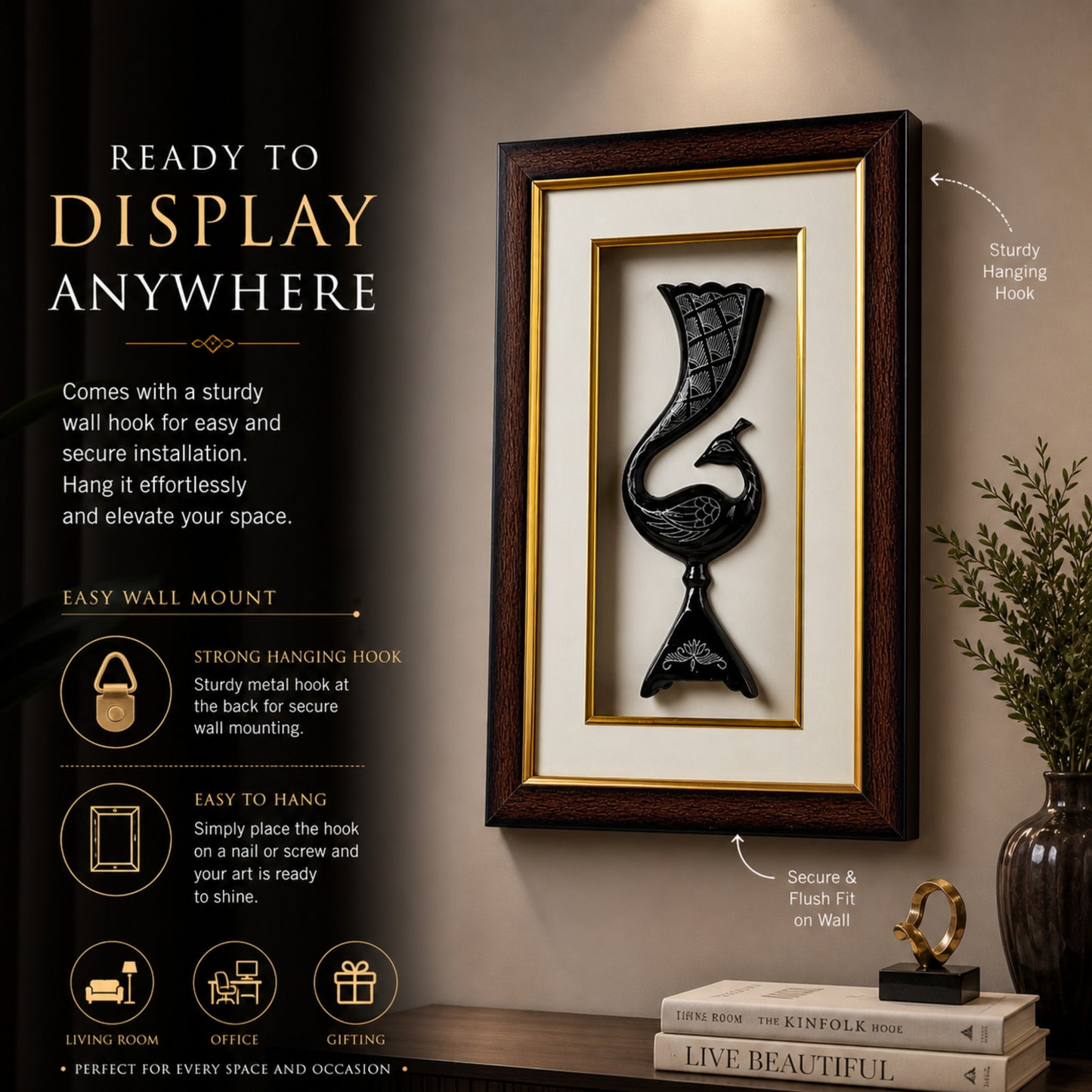 Bidri Pure Silver Inlay Peacock Wall Decor Frame | Handmade Bidri Art Table Top & Wall Mount Showpiece | Luxury Home Décor Gift | 13.5 x 8.5 x 2 Inches