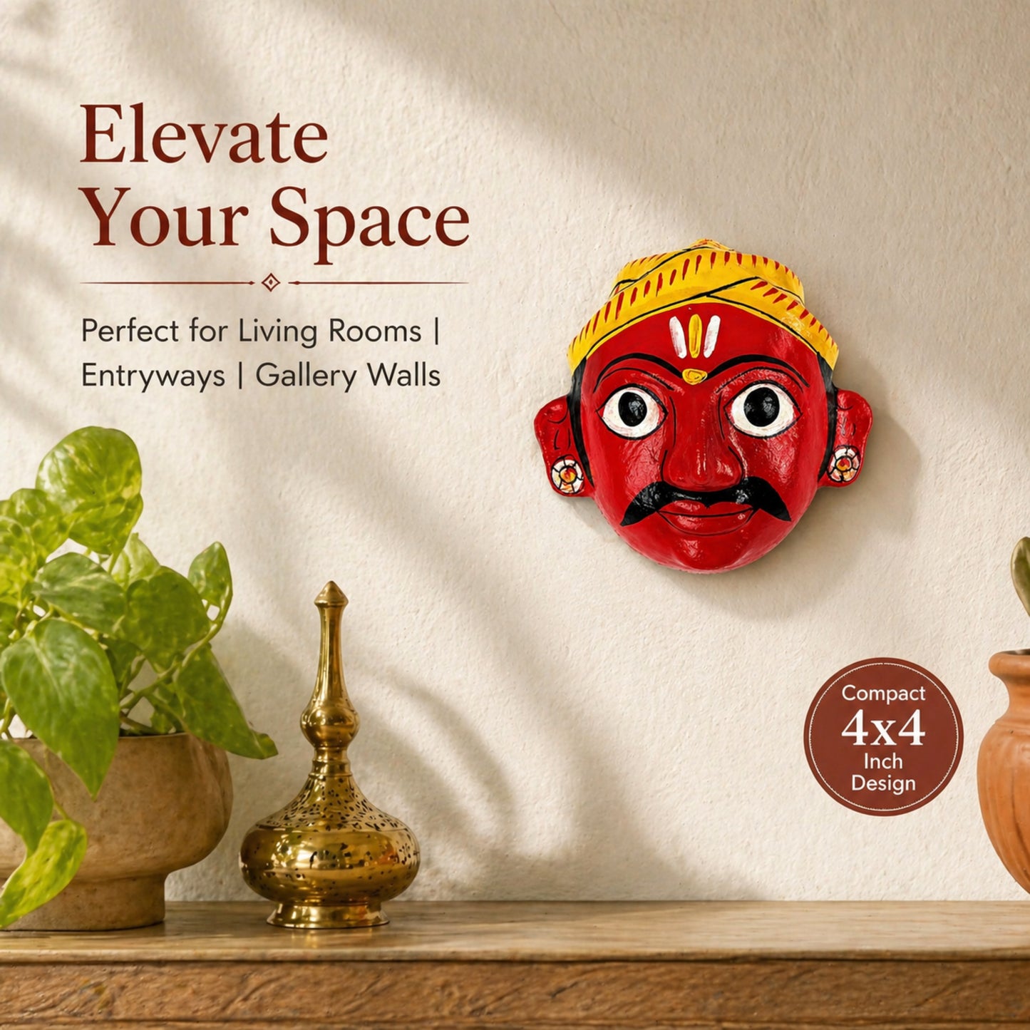 Handcrafted Cheriyal Mask 4x4 Inch | Telangana Folk Art Wall Decor | Hand Painted Indian Ethnic Hanging | Small Wooden Mask for Home, Living Room & Gift