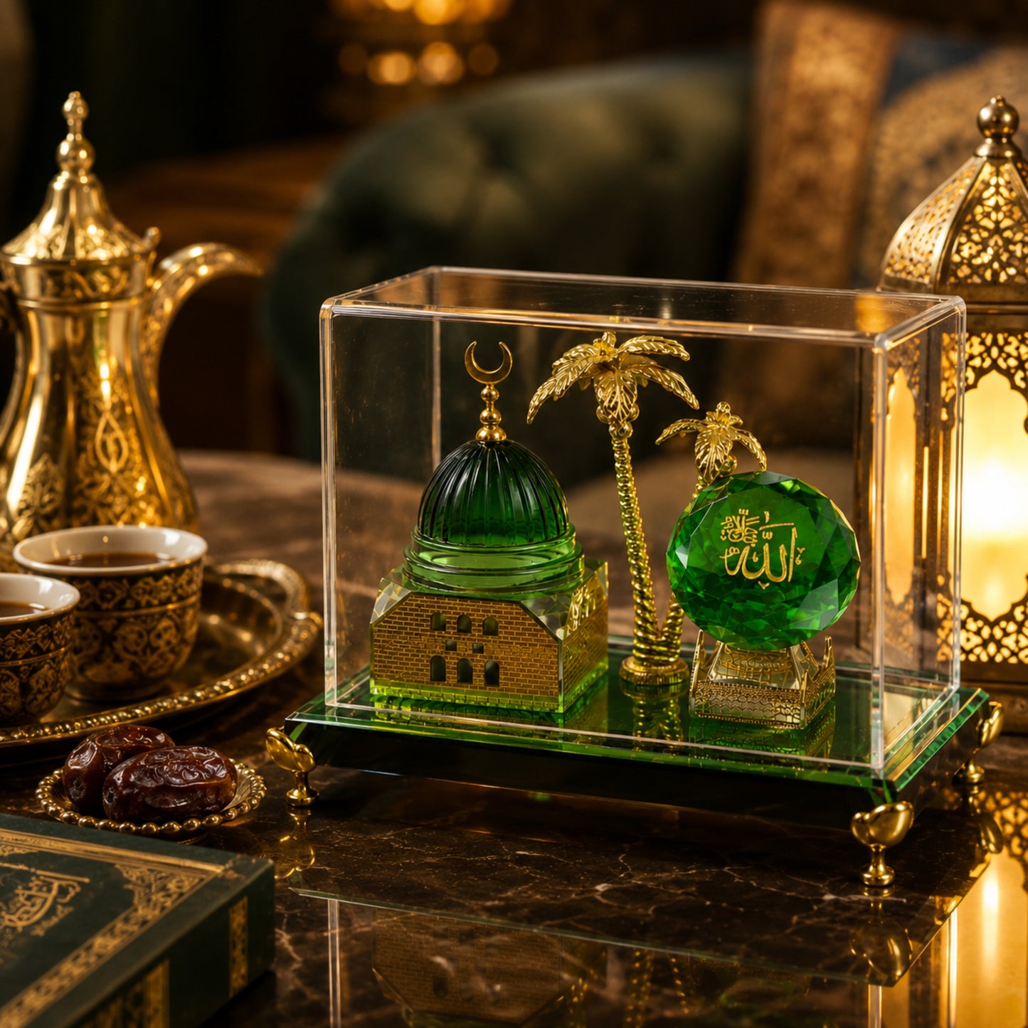 Luxury Green Crystal & Gold-Plated Masjid Nabawi Table Souvenir with Acrylic Case – Islamic Home Decor Gift Showpiece (5 x 4 x 3 Inch)