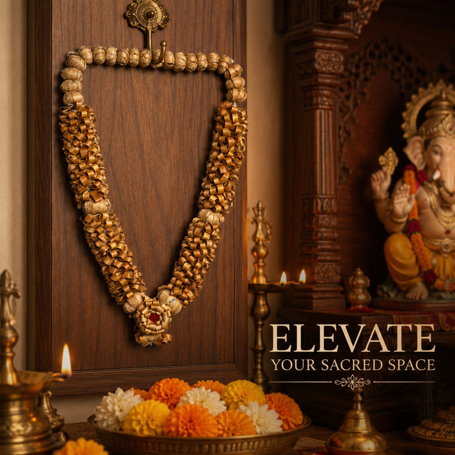 Premium Natural Sandalwood Decorative Mala for Home Temple & Pooja Room | Handcrafted Traditional Hanging Garland | Eco-Friendly Spiritual Home Décor & Festive Gift | 18X18X10 Inches