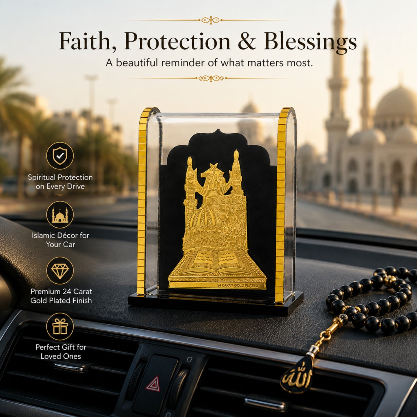 786 Mecca Madina 24 Carat Gold Plated Acrylic Showpiece for Home, Office Desk & Car Dashboard | Islamic Decorative Gift Item | Premium Crystal Clear Display Frame | 3 x 2.5 x 1 Inch