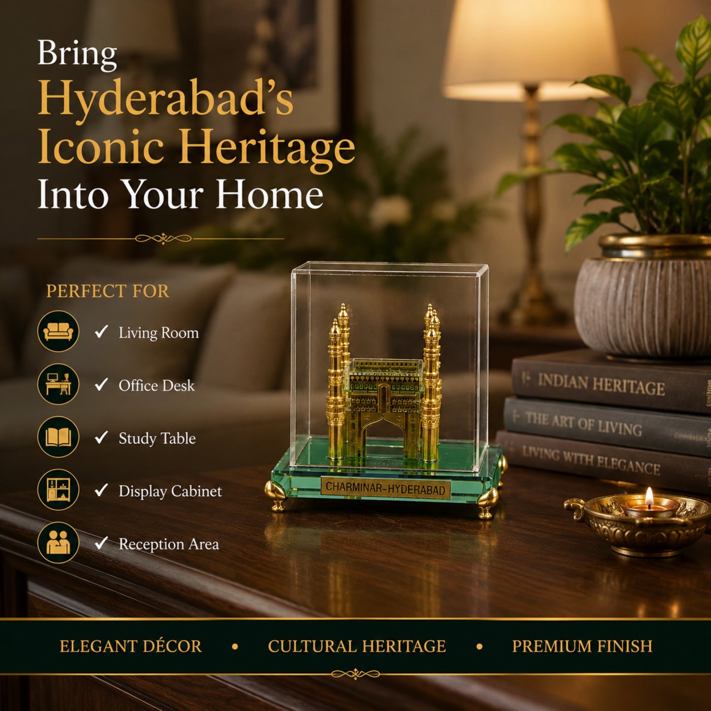 Crystal Charminar Showpiece with Premium Gift Box | Gold Finished Hyderabad Souvenir | Crystal Display Case | Luxury Home Décor & Desk Collectible | Gift for Home, Office & Special Occasions | 3.5 x 3.5 x 3.5 Inches
