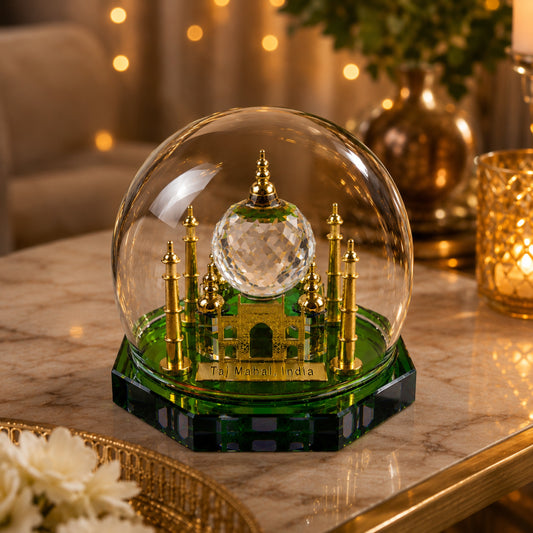 Crystal Taj Mahal Dome Showpiece with Gift Box – Premium Miniature Indian Souvenir & Luxury Home Decor Collectible, Green & Gold Crystal Finish (2.5 x 3.5 x 3.5 Inch)