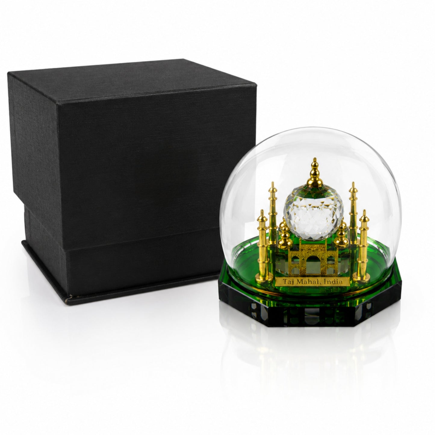 Crystal Taj Mahal Dome Showpiece with Gift Box – Premium Miniature Indian Souvenir & Luxury Home Decor Collectible, Green & Gold Crystal Finish (2.5 x 3.5 x 3.5 Inch)