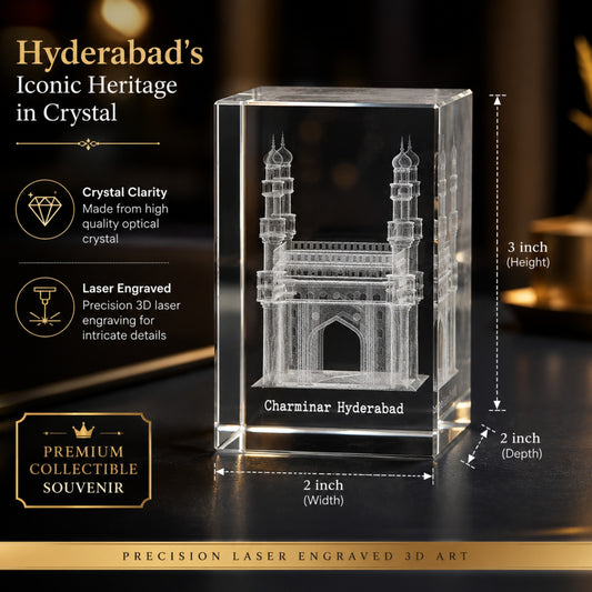 3D Crystal Charminar Hyderabad Souvenir Gift – Premium Laser Engraved Optical Crystal Collectible Showpiece for Home & Office Décor (3 x 2 x 2 Inch)