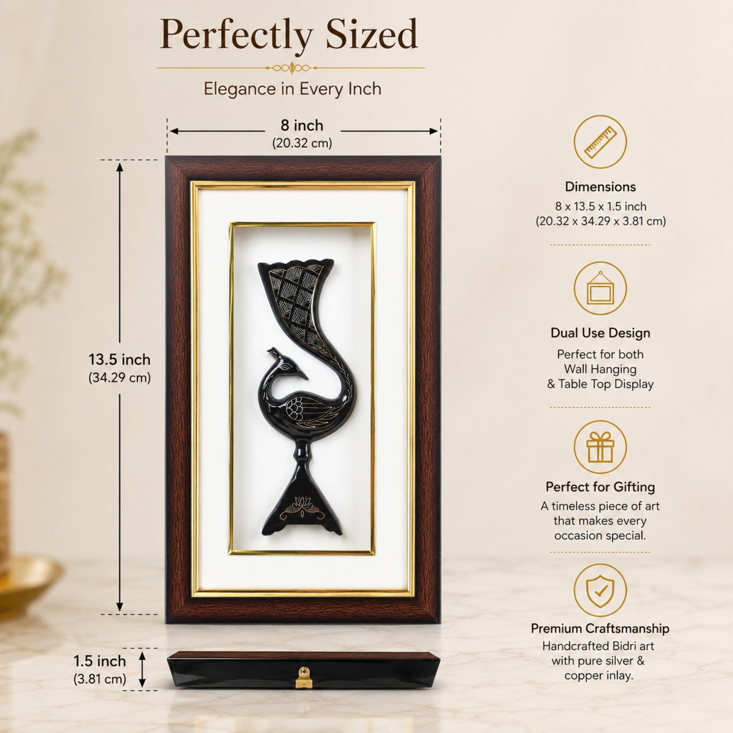 Handmade Bidri Art Peacock Wall Hanging & Table Top Decor Frame with Pure Silver & Copper Inlay | Traditional Indian Metal Craft Home Décor Gift | Premium Wooden Frame | Black Finish | 8 x 13.5 x 1.5 Inch