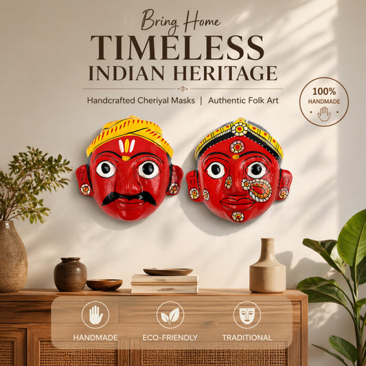 Cheriyal Mask Wall Decor Male & Female Combo ( 7x7 Inch Each) | Handcrafted Indian Folk Art | Traditional Hand-Painted Ethnic Wall Hanging | Festive Home Decoration