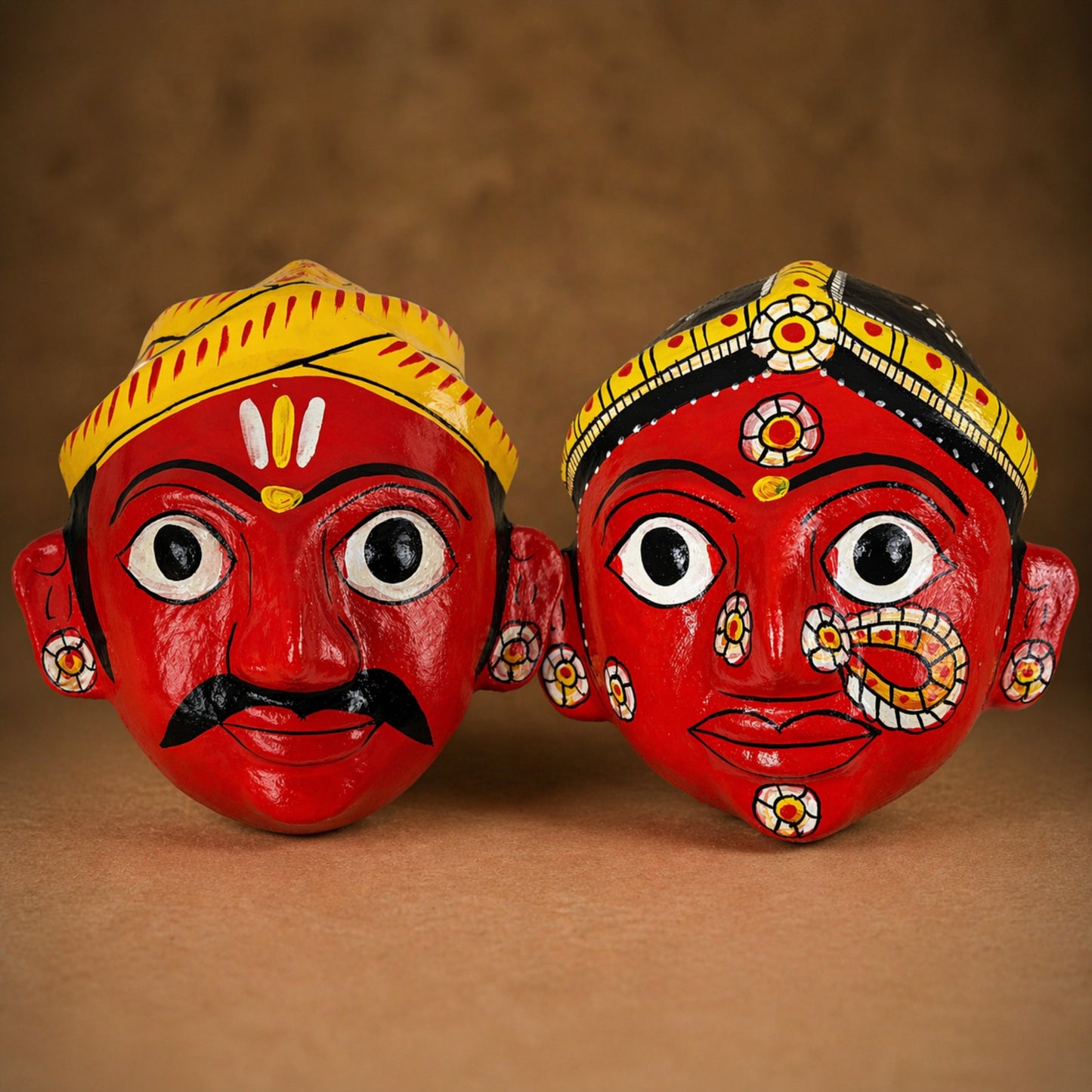 Cheriyal Mask Wall Decor Male & Female Combo ( 7x7 Inch Each) | Handcrafted Indian Folk Art | Traditional Hand-Painted Ethnic Wall Hanging | Festive Home Decoration