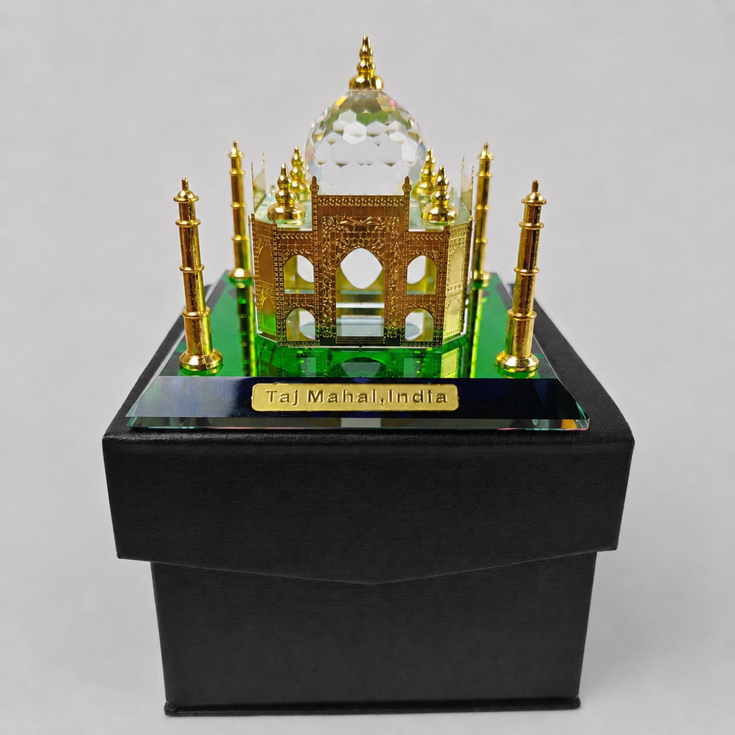 Crystal Taj Mahal Miniature Showpiece with Acrylic Display Case – Premium Decorative Collectible Gift & Home Décor | Golden Finish Handmade Souvenir | 4 x 4 x 4 Inch