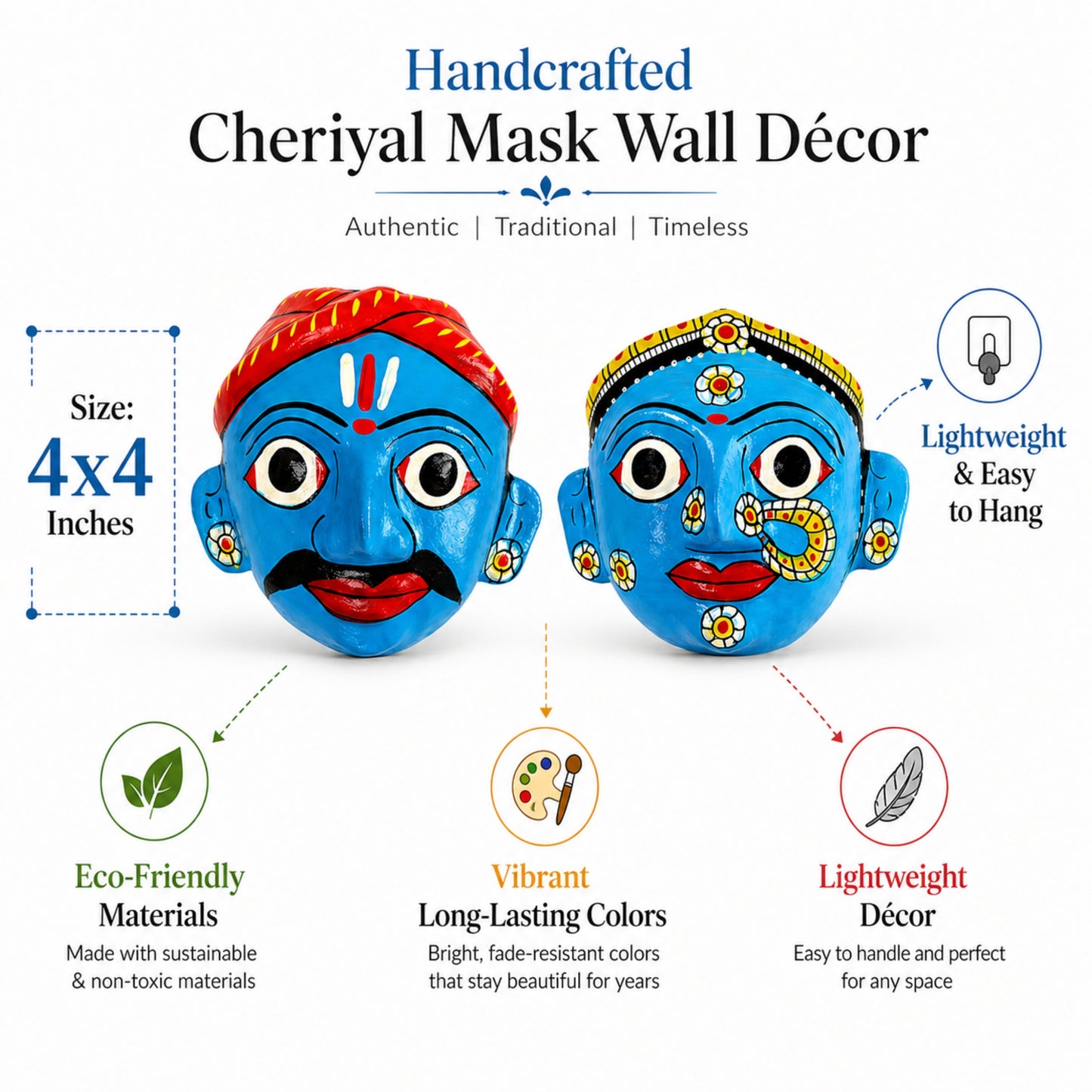 Handmade Cheriyal Mask Wall Hanging set (4x4 Inch) – Telangana Folk Art Décor | Traditional Indian Wooden Face Mask | Ethnic Home Decoration & Unique Gift