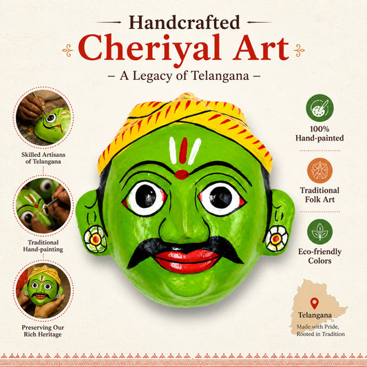 Cheriyal Mask Wall Decor 4x4 Inch – Handcrafted Telangana Folk Art, Hand-Painted Wooden Face Mask, Traditional Indian Home Decor, Cultural Gift Item