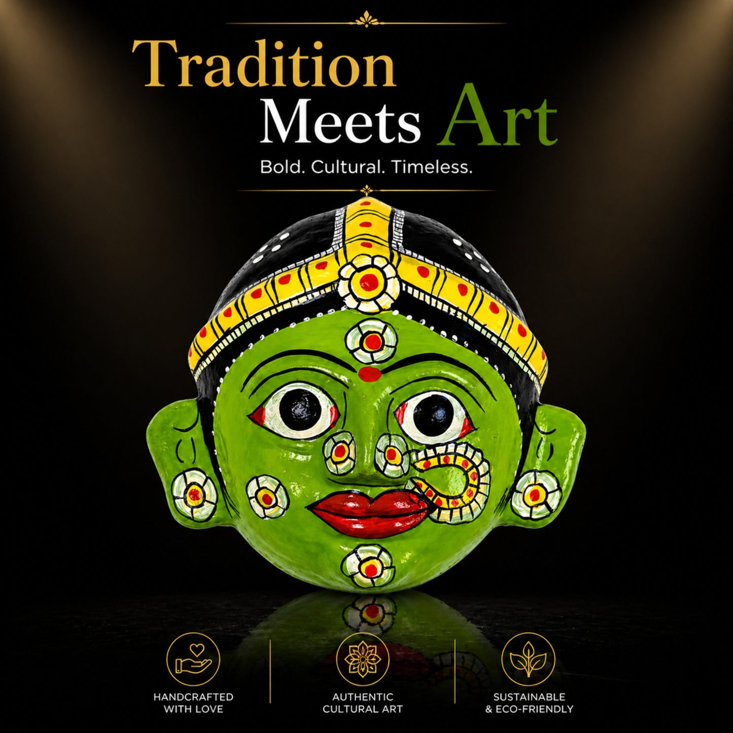 Handcrafted Cheriyal Mask Wall Décor (4x4 Inches) | Traditional Telangana Hand-Painted Art | Lightweight Hanging Decorative | Ethnic Home Décor & Gift Item