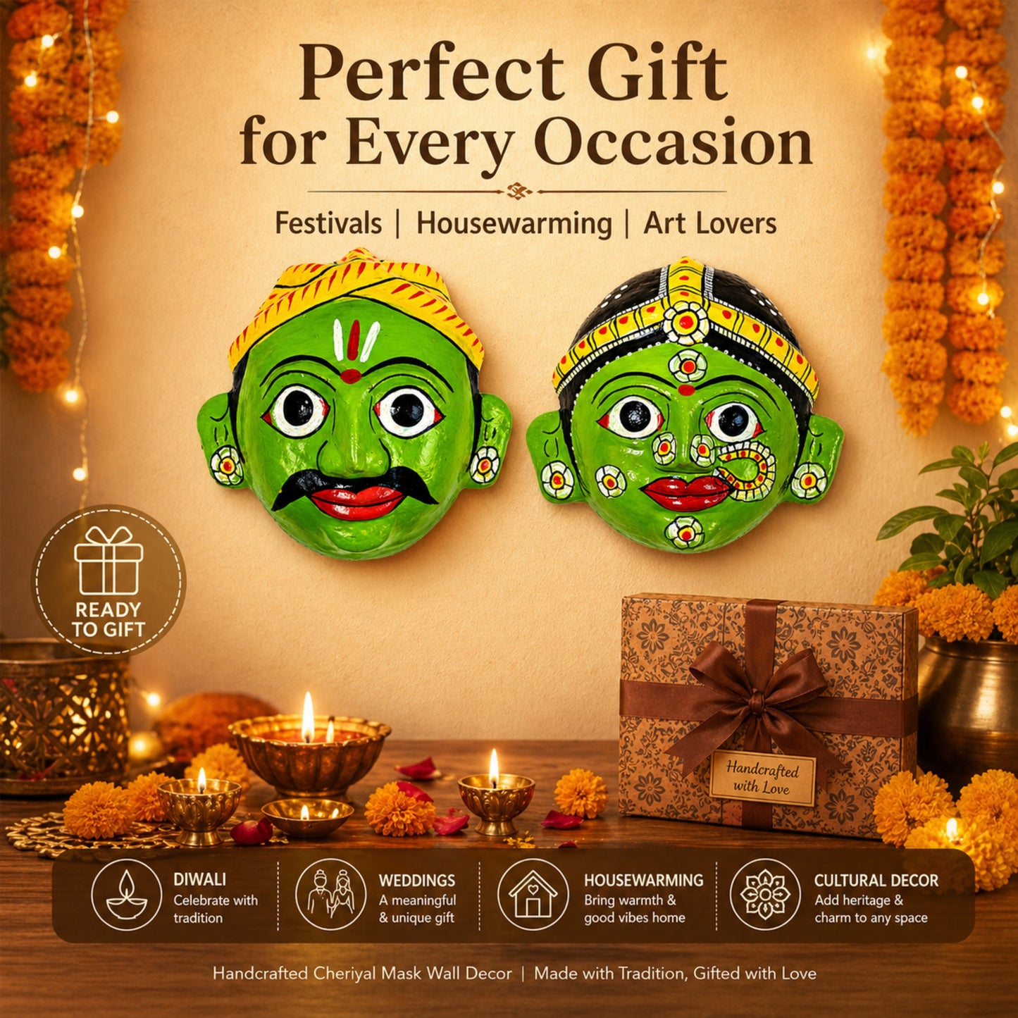 Two green Chiriyal mask wall decor pieces on a decorative background with candles and flowers.