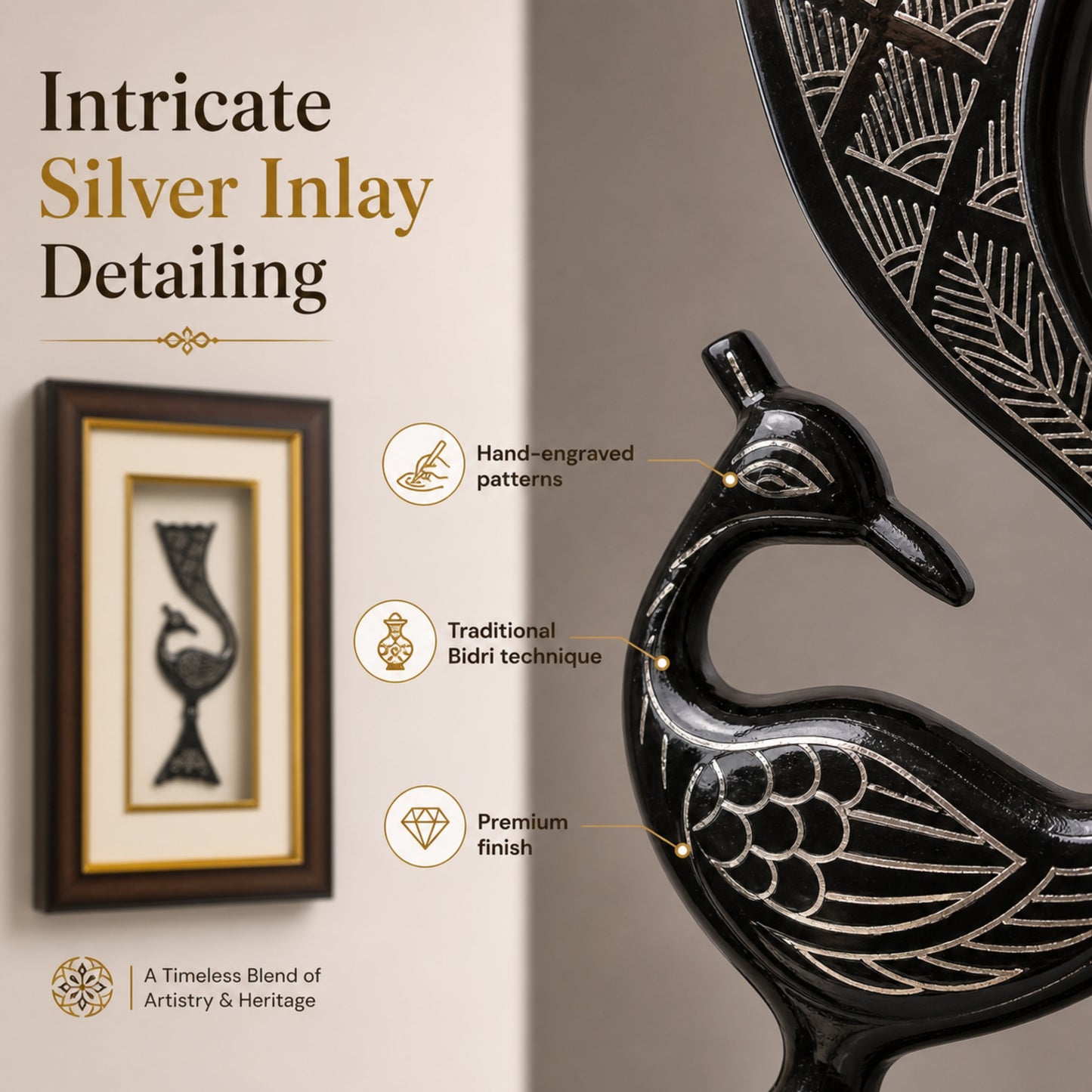 Premium Bidri Peacock Decorative Frame | Handcrafted Silver Inlay Art for Home Décor | 7.5 x 11.5 Inches
