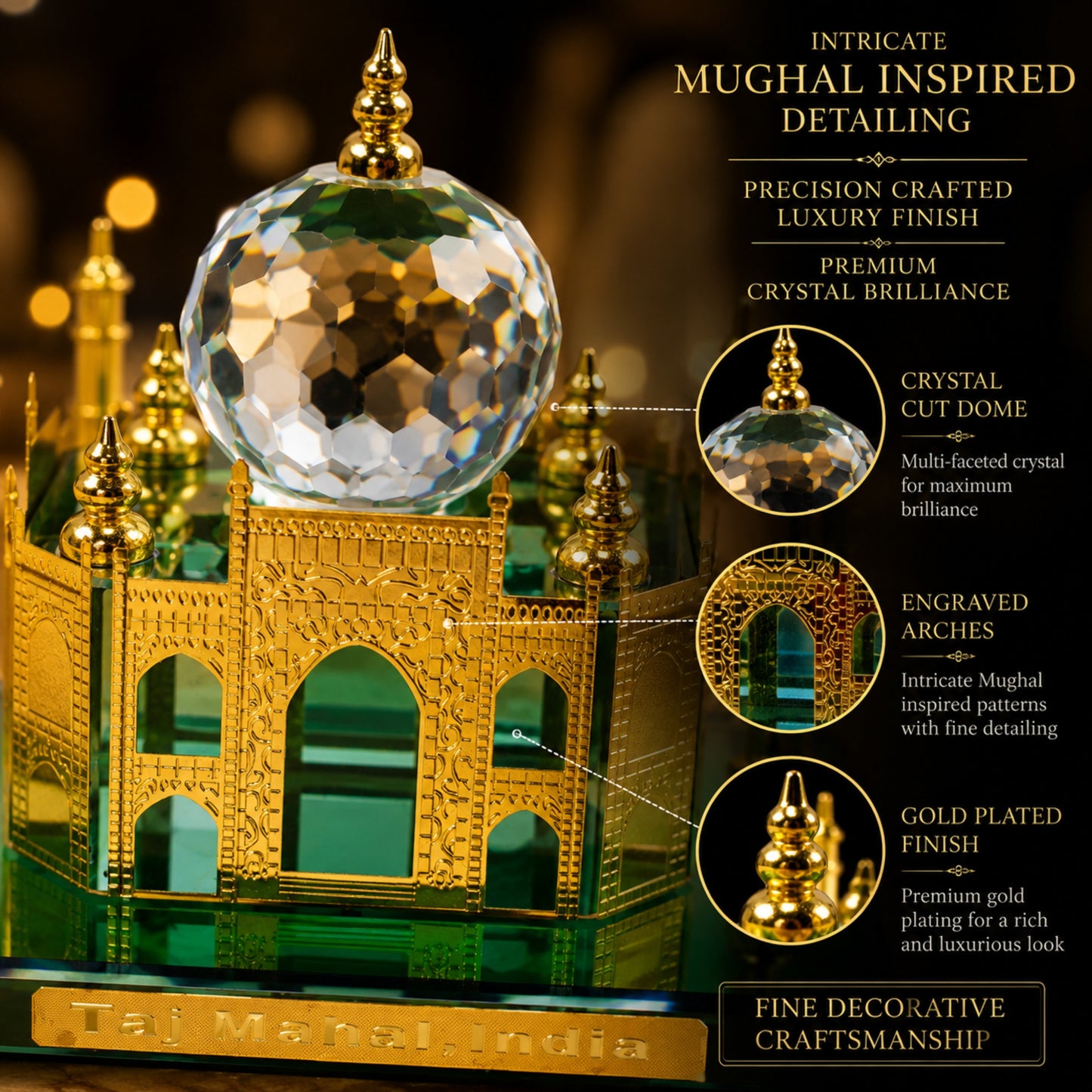 Crystal Taj Mahal Miniature Showpiece – Premium Gold Plated Handcrafted Decorative Gift for Home & Office Décor | Luxury Crystal Souvenir from India | Size: 4.5 x 4 x 4.5 Inch