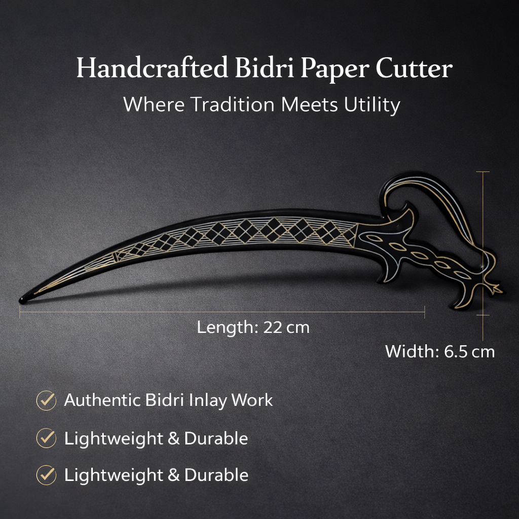 Handcrafted Bidri Paper Cutter 22cm – Traditional Indian Metal Inlay Letter Opener, Decorative Desk Accessory & Premium Gift Item