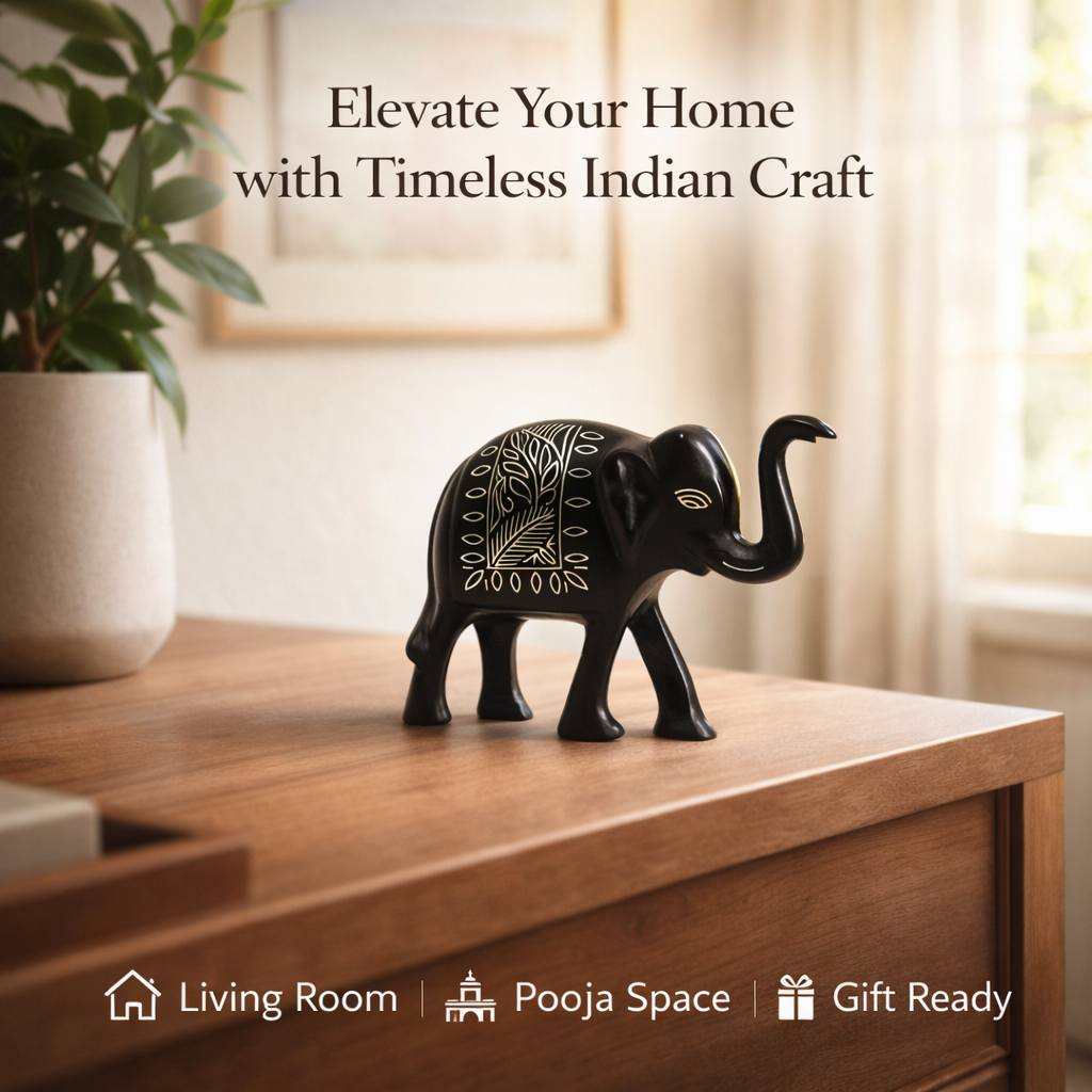 Handcrafted Bidri Elephant Showpiece with Silver Inlay, Black Matte Finish, 10 cm Decorative Figurine, Authentic Indian Metal Art for Home Decor and Gifting