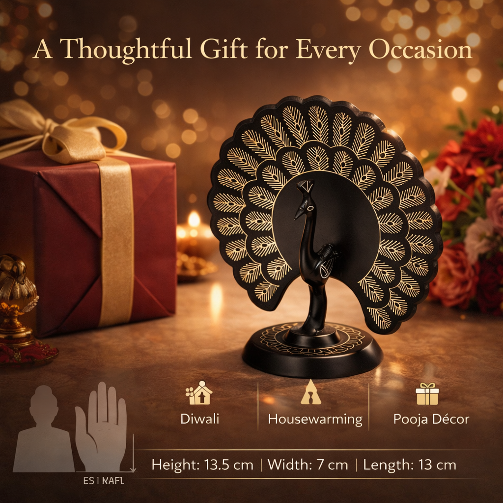 Bidri Craft Peacock Showpiece | Handcrafted Silver Inlay Metal Statue | Traditional Indian Home Décor | Gift Item | 13.5 cm
