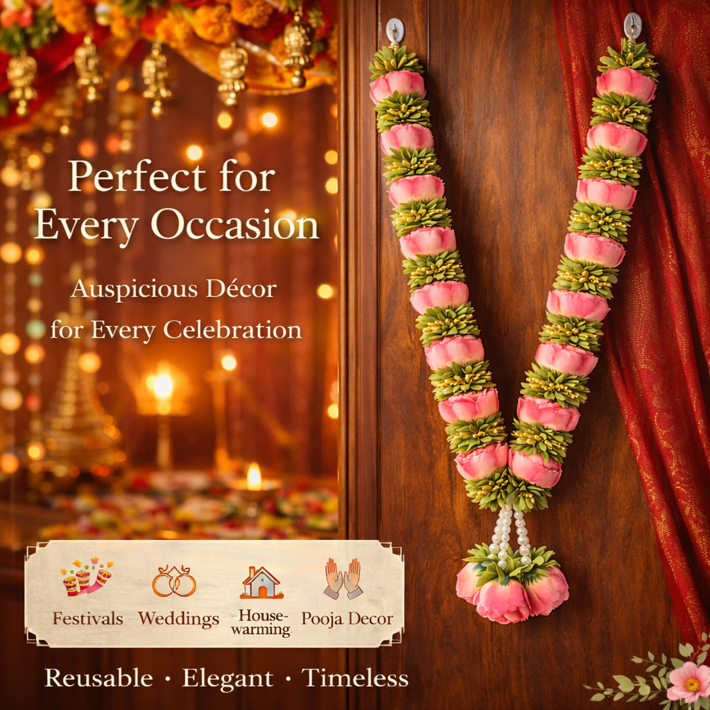 Artificial Pink Fabric Flower Mala for Mandir Door Decoration, Handmade with Pearl Hanging, 18 Inches, Traditional Pooja Festival Wedding Home Decor (Pink)