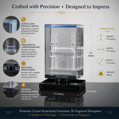 **Premium Crystal 3D Engraved Hyderabad Charminar Showpiece with 360° Rotatable Base | Crystal Home Decor & Luxury Gift | 3.5 x 2.5 x 2.5 Inches**