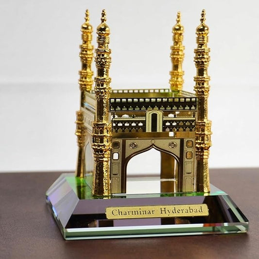 Crystal Charminar Hyderabad Showpiece, Premium Gold Plated, Handcrafted Indian Heritage Home Décor & Gift Item, 12 cm