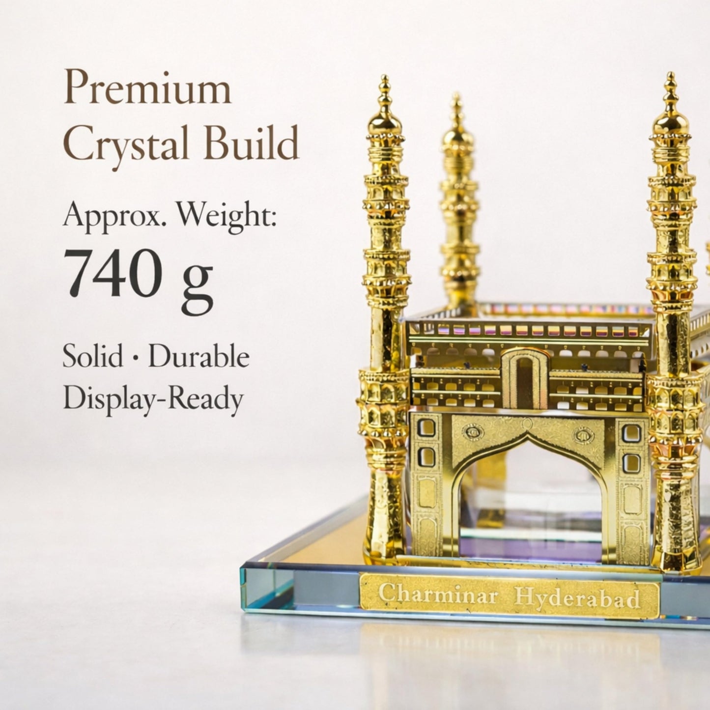 RUSTIQUE WONDERS INDIAN HANDICRAFTS Crystal Charminar Hyderabad Heritage Collectible Showpiece, Premium Crystal Build with Gold Finish, 740g