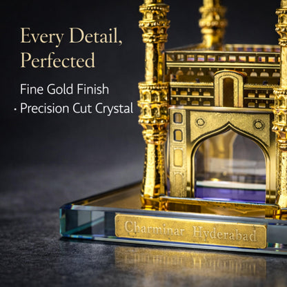 RUSTIQUE WONDERS INDIAN HANDICRAFTS Crystal Charminar Hyderabad Heritage Collectible Showpiece, Premium Crystal Build with Gold Finish, 740g