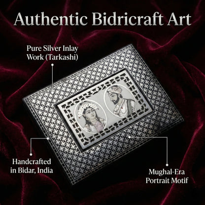 RUSTIQUE WONDERS INDIAN HANDICRAFTS Handcrafted Bidriware Jewelry Box with Silver Geometric Inlay and Mughal Couple Miniature Painting, Black