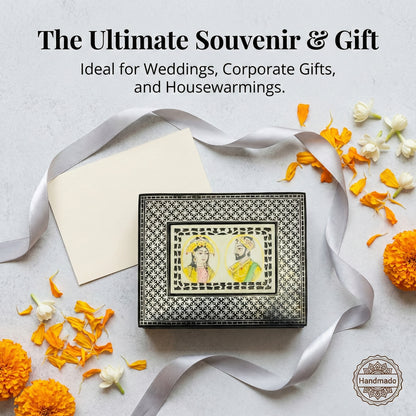 RUSTIQUE WONDERS INDIAN HANDICRAFTS Handcrafted Bidriware Jewelry Box with Silver Geometric Inlay and Mughal Couple Miniature Painting, Black