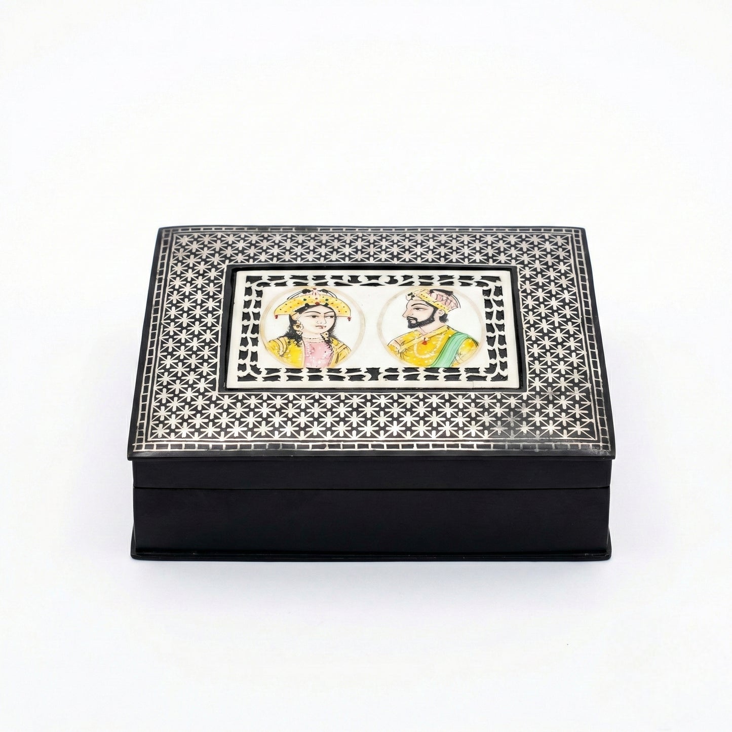 RUSTIQUE WONDERS INDIAN HANDICRAFTS Handcrafted Bidriware Jewelry Box with Silver Geometric Inlay and Mughal Couple Miniature Painting, Black