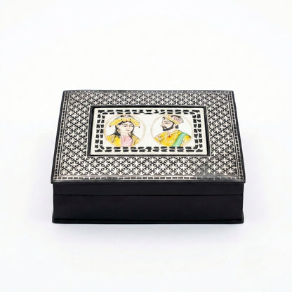 RUSTIQUE WONDERS INDIAN HANDICRAFTS Handcrafted Bidriware Jewelry Box with Silver Geometric Inlay and Mughal Couple Miniature Painting, Black