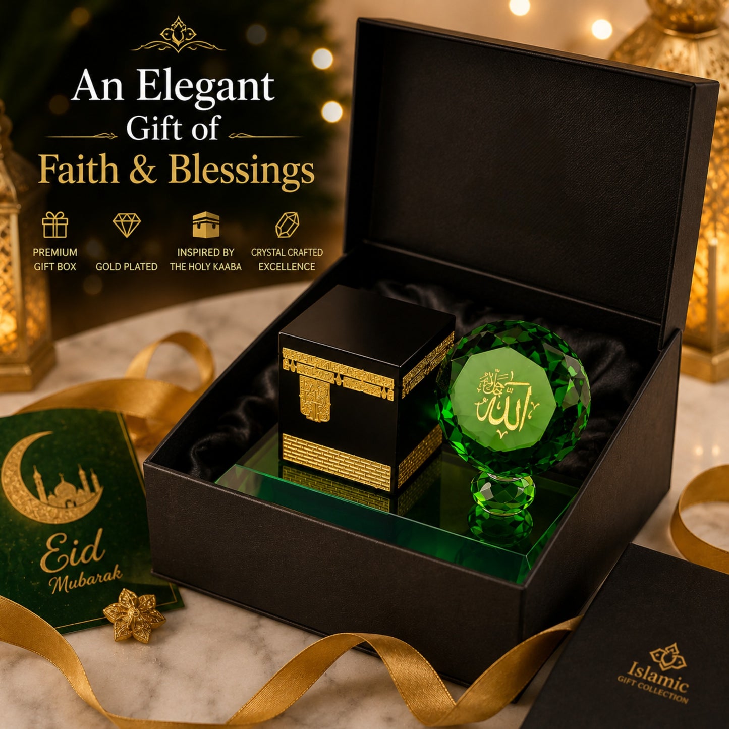 Kaaba Crystal Showpiece with Allah Crystal Accent – Premium Islamic Home Décor, Elegant Eid & Ramadan Gift, Prayer Room & Office Table Decoration, Luxury Gift Box Included (3.5 x 2 x 2 Inches)