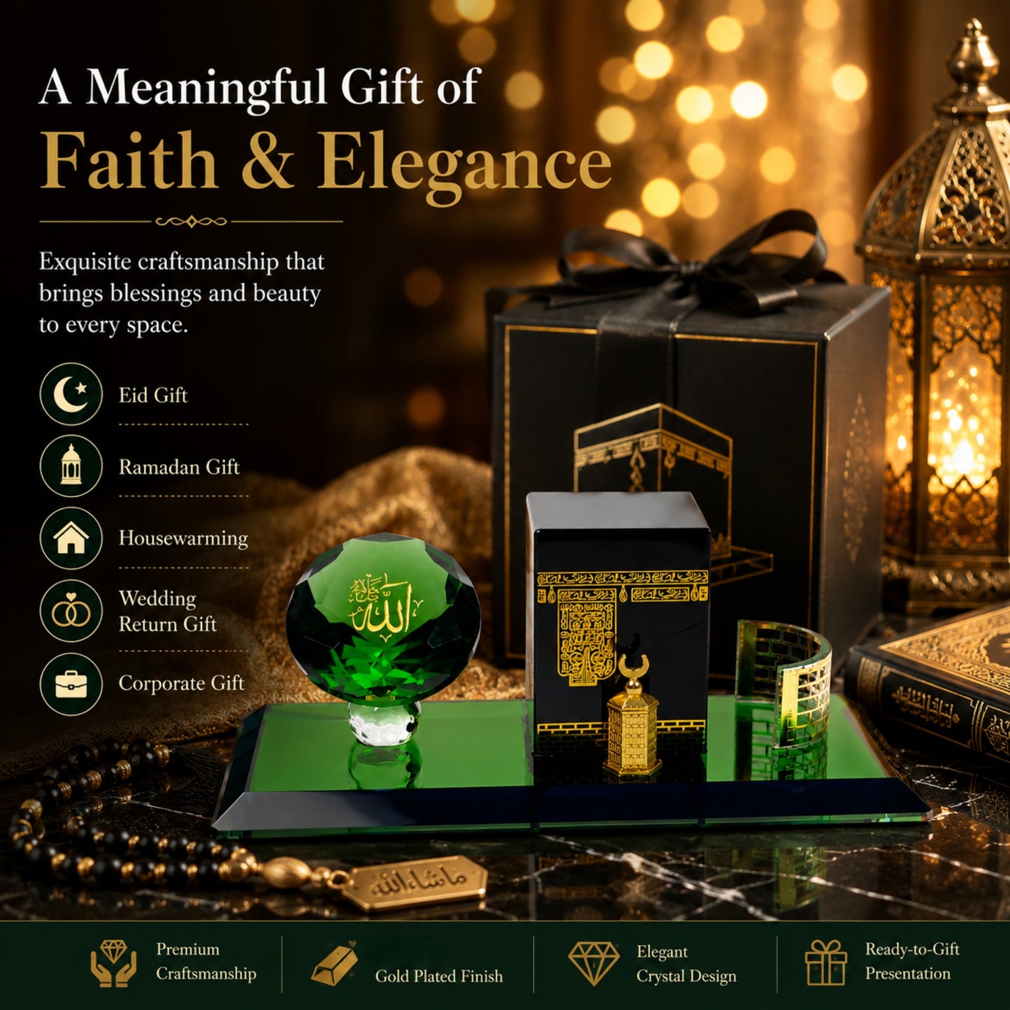 Mecca Kaaba Crystal Showpiece, Islamic Home Decor Gift, Allah Crystal Ornament, Premium Ramadan Eid Decoration, Luxury Desk Table Display, Gift Box Included, 5.5 x 2.5 x 2.5 Inches