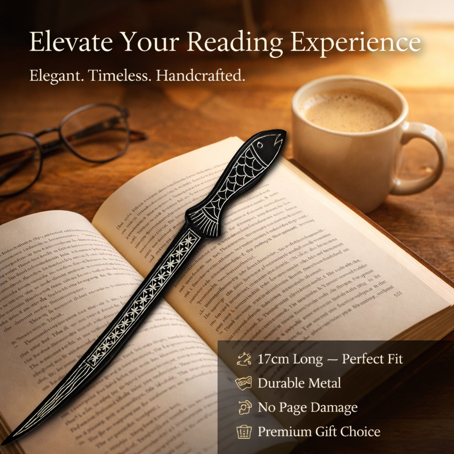 Handcrafted Bidri Bookmark Fish Design – Premium Silver Inlay Metal Bookmark (17cm) – Traditional Indian Bidri Craft – Elegant Gift for Book Lovers, Students & Readers