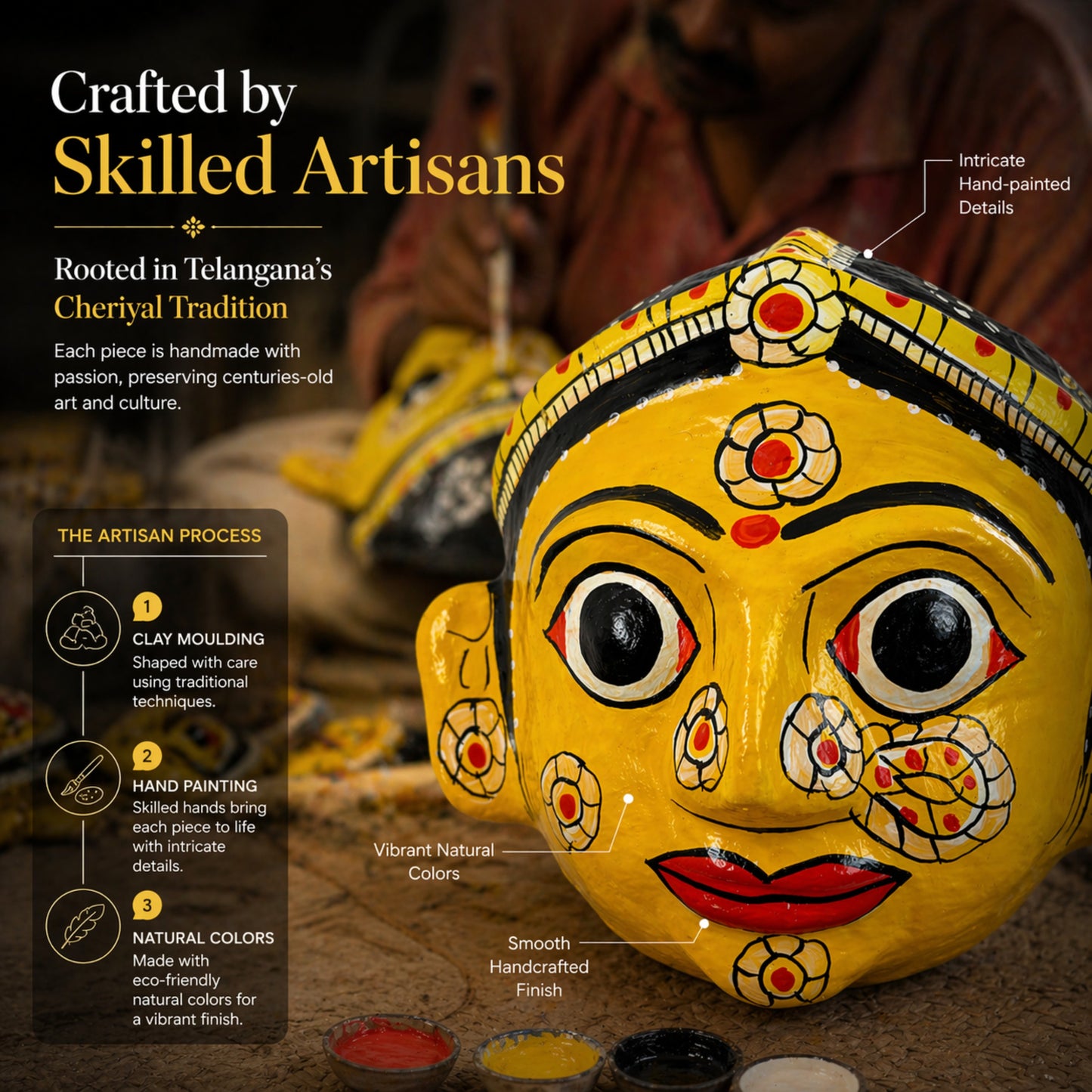 Handcrafted Cheriyal Mask Wall Décor – Traditional Indian Folk Art Face Mask, Handmade Telangana Wall Hanging, Cultural Home Decoration, Lightweight & Wall Ready(YELLOW FEMALE)