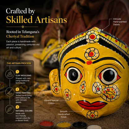 Handcrafted Cheriyal Mask Wall Décor – Traditional Indian Folk Art Face Mask, Handmade Telangana Wall Hanging, Cultural Home Decoration, Lightweight & Wall Ready(YELLOW FEMALE)