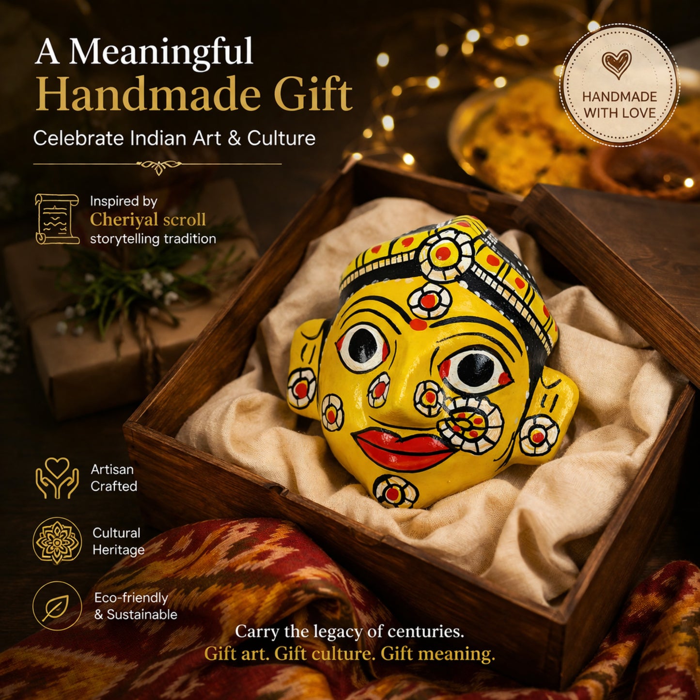 Handcrafted Cheriyal Mask Wall Decor (4x4 Inch) | Authentic Telangana Folk Art | Wooden Hand-Painted Face Mask | Traditional Indian Home Decor | Ethnic Wall Hanging Gift Item