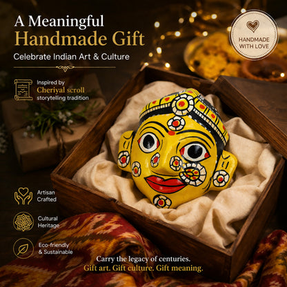 Handcrafted Cheriyal Mask Wall Decor (4x4 Inch) | Authentic Telangana Folk Art | Wooden Hand-Painted Face Mask | Traditional Indian Home Decor | Ethnic Wall Hanging Gift Item