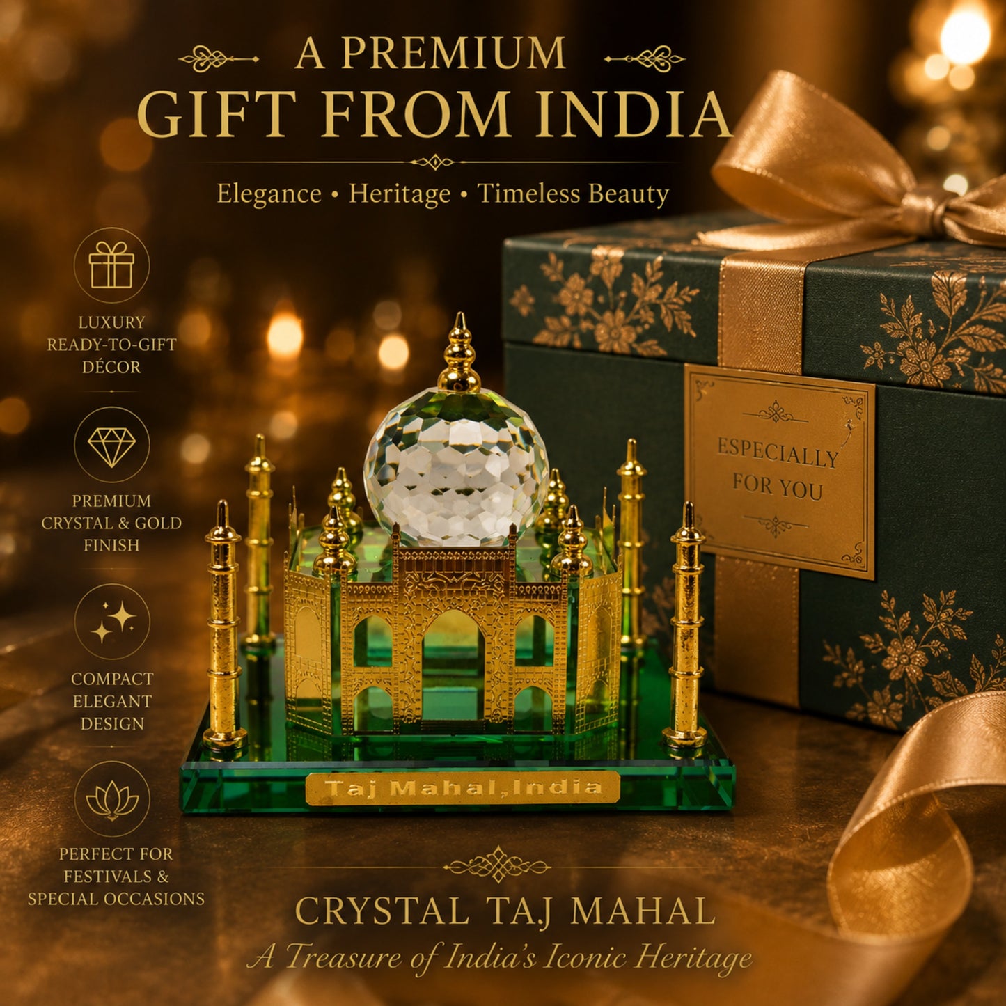 Crystal Taj Mahal Miniature Showpiece – Premium Gold Plated Handcrafted Decorative Gift for Home & Office Décor | Luxury Crystal Souvenir from India | Size: 4.5 x 4 x 4.5 Inch
