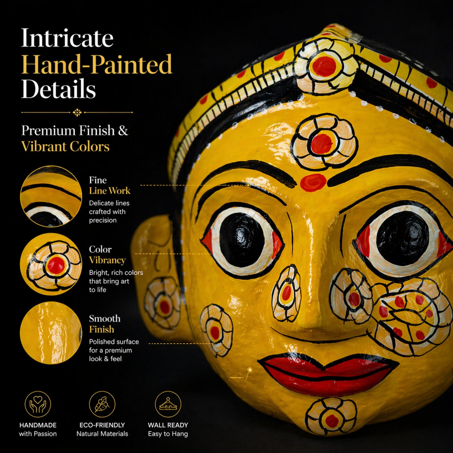 Handcrafted Cheriyal Mask Wall Décor – Traditional Indian Folk Art Face Mask, Handmade Telangana Wall Hanging, Cultural Home Decoration, Lightweight & Wall Ready(YELLOW FEMALE)
