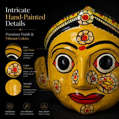 Handcrafted Cheriyal Mask Wall Décor – Traditional Indian Folk Art Face Mask, Handmade Telangana Wall Hanging, Cultural Home Decoration, Lightweight & Wall Ready(YELLOW FEMALE)