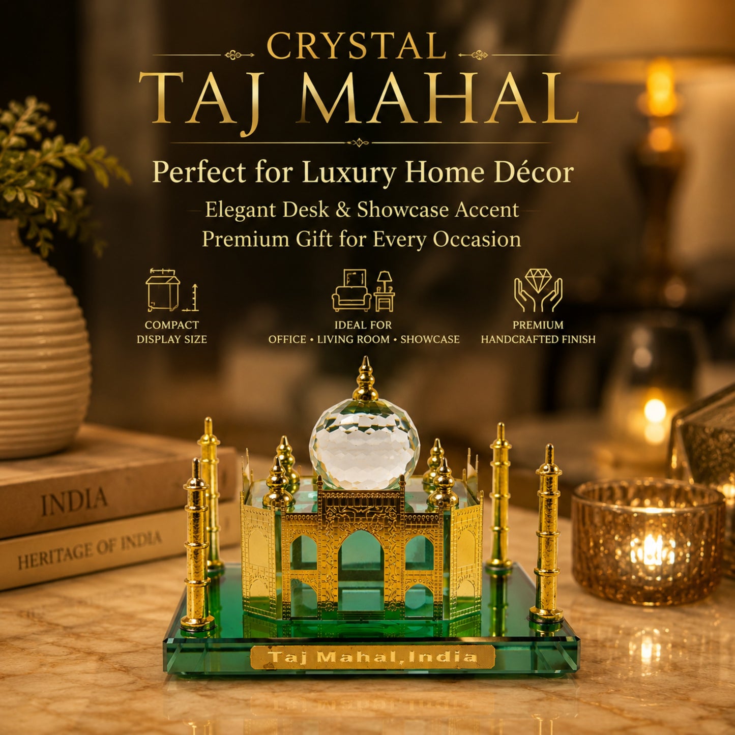 Crystal Taj Mahal Miniature Showpiece – Premium Gold Plated Handcrafted Decorative Gift for Home & Office Décor | Luxury Crystal Souvenir from India | Size: 4.5 x 4 x 4.5 Inch