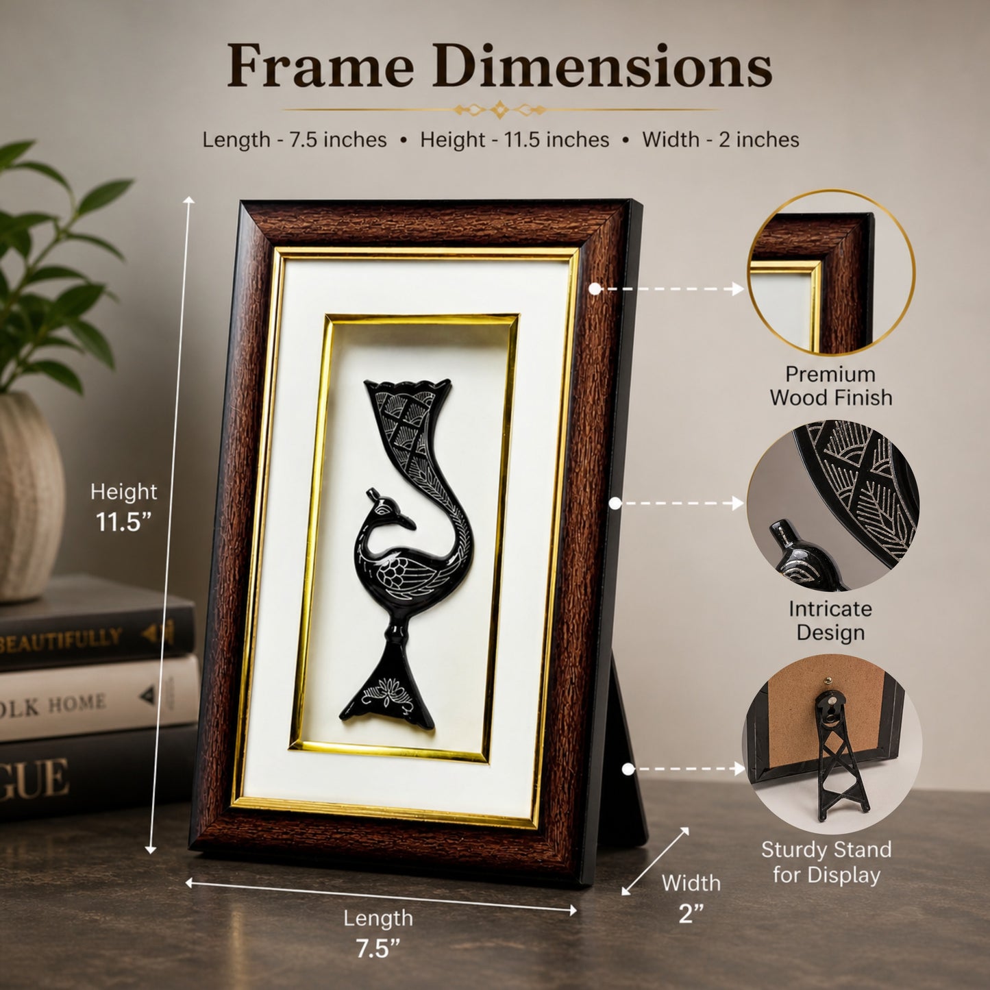 Premium Bidri Peacock Decorative Frame | Handcrafted Silver Inlay Art for Home Décor | 7.5 x 11.5 Inches