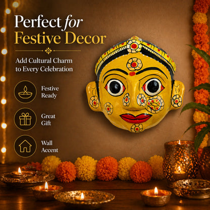 Handcrafted Cheriyal Mask Wall Décor – Traditional Indian Folk Art Face Mask, Handmade Telangana Wall Hanging, Cultural Home Decoration, Lightweight & Wall Ready(YELLOW FEMALE)
