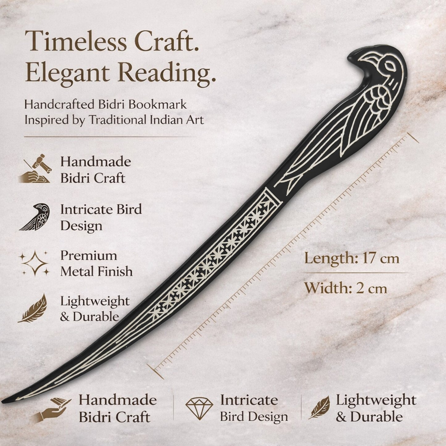 Handmade Bidri Metal Bookmark – Premium Bird Design | 17cm Slim Luxury Book Marker | Traditional Indian Craft | Elegant Gift for Book Lovers & Readers