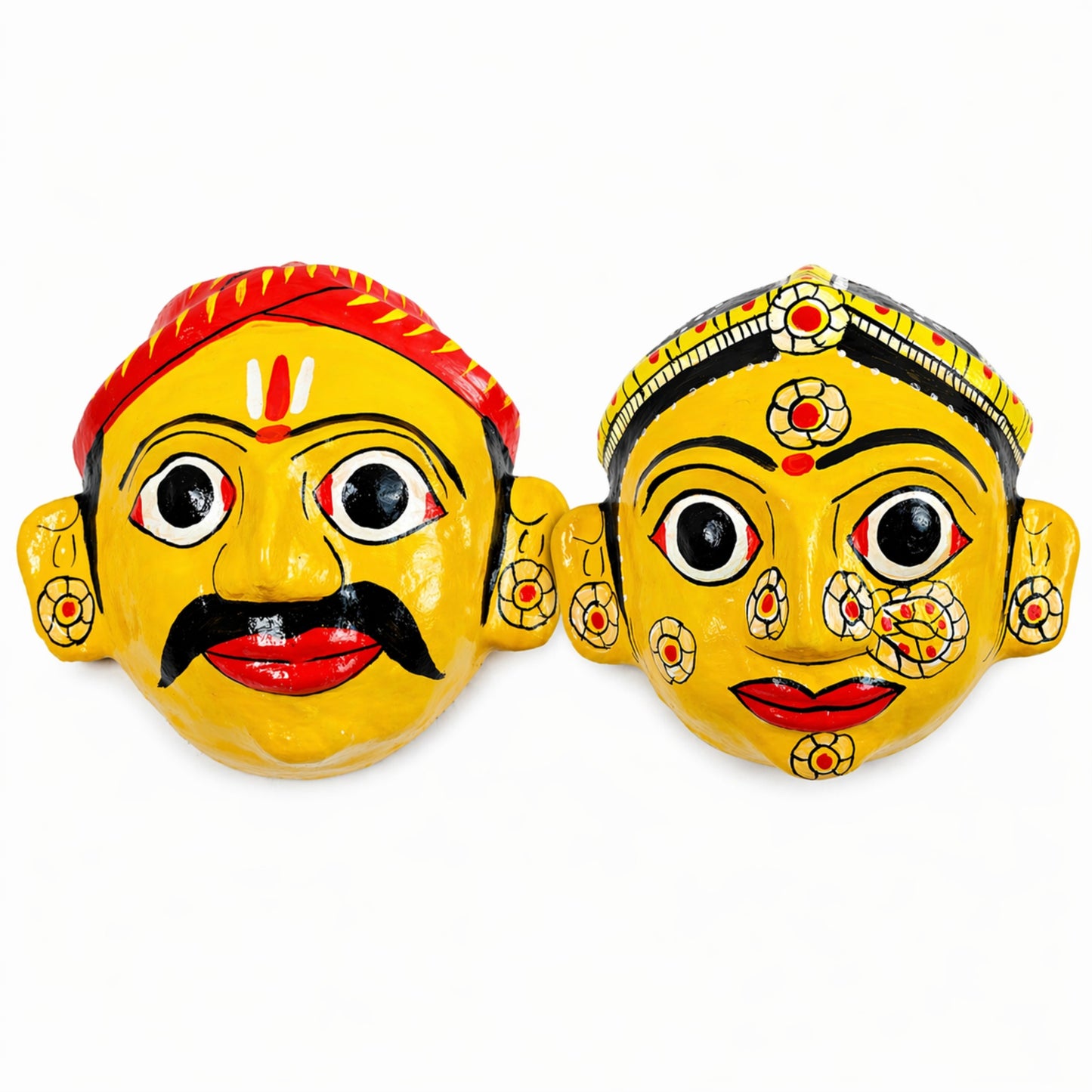 Cheriyal Mask Wall Decor Set Yellow(Male & Female) – Handcrafted & Hand-Painted Indian Folk Art – Traditional Telangana Hanging Wall Art for Living Room, Home Décor & Gifting (7x7 Inch Each)