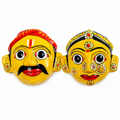 Cheriyal Mask Wall Decor Set Yellow(Male & Female) – Handcrafted & Hand-Painted Indian Folk Art – Traditional Telangana Hanging Wall Art for Living Room, Home Décor & Gifting (7x7 Inch Each)